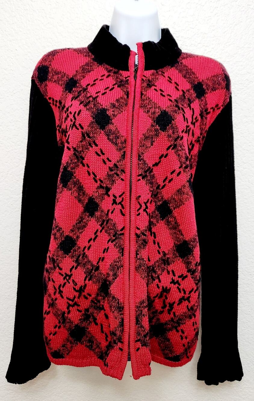 Vintage Coldwater Creek Black Red Diamond Print Full Zip Cardigan Large Soft
